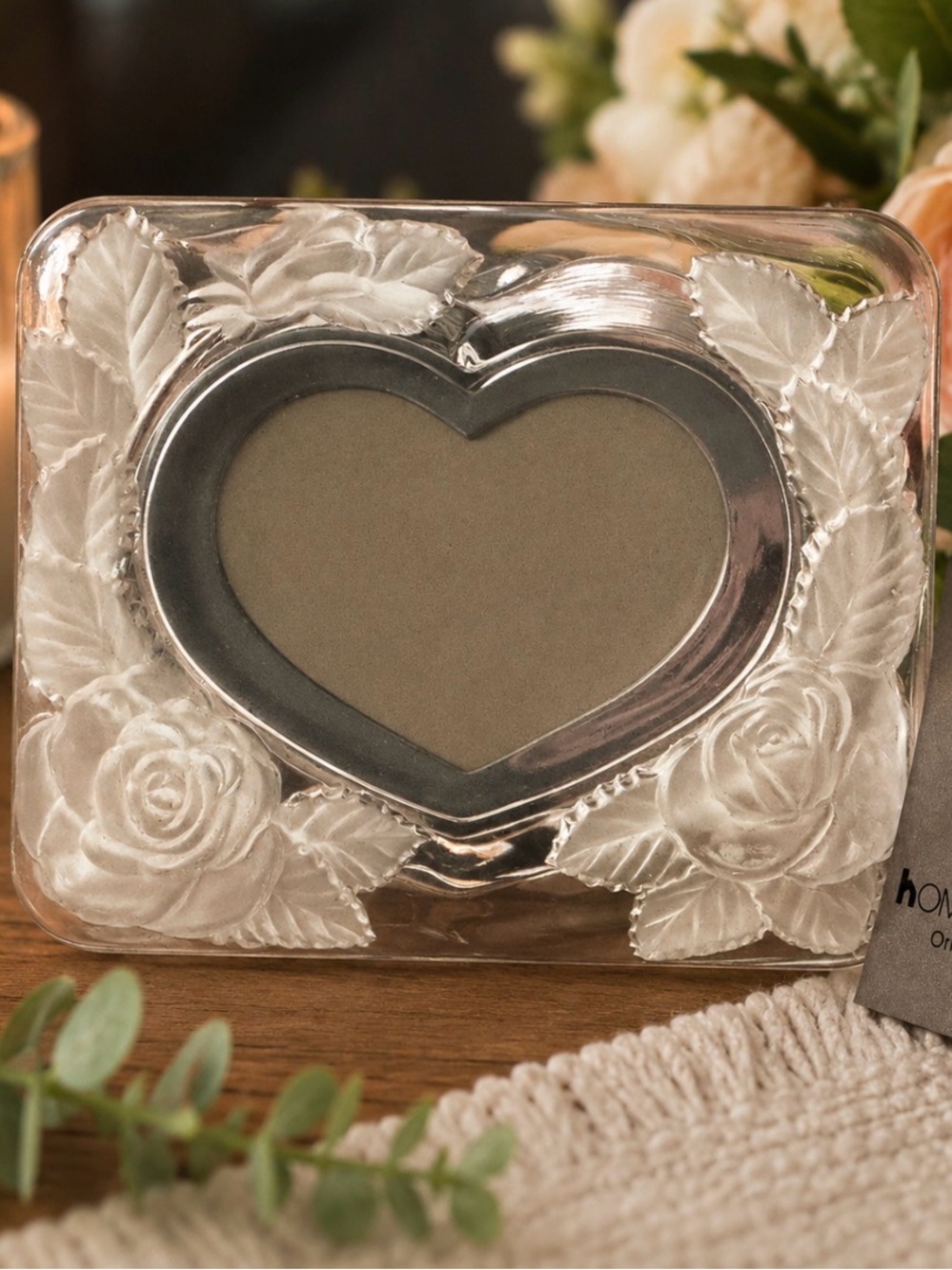 Vintage Home Beautiful Japan Frosted Glass Heart Picture Frame Decor 6”w X 4.5”h
